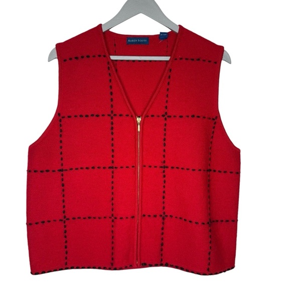 Karen Scott Wool Red and Black Plaid Zip Up Sleeveless Sweater Vest Size XL - Picture 3 of 14